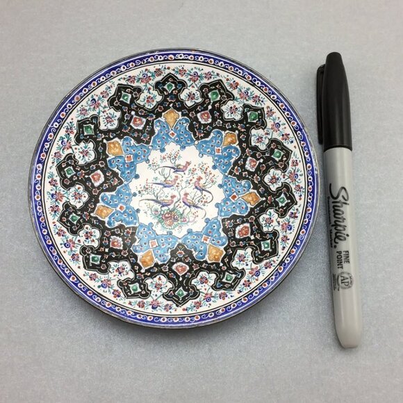 Persian Enamel Minakari Decorative Small Plate Birds Detailed Hand Painted - Picture 10 of 10